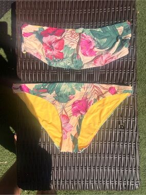 Floral Bandeau Bikini Set in Yellow and Pink